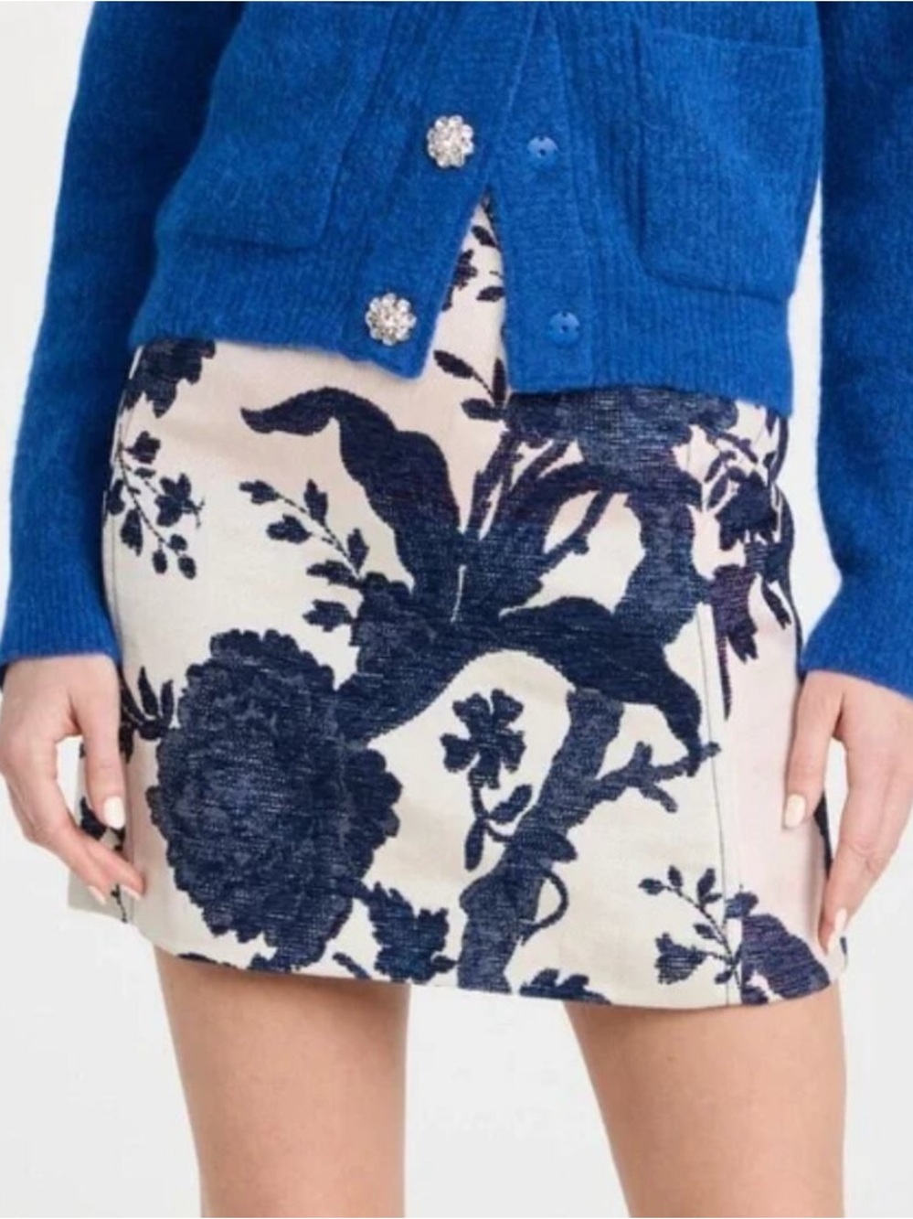 Floral Jacquard Mini Skirt in Cream and Navy